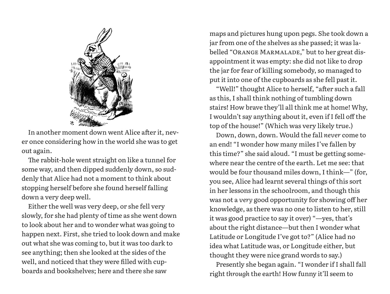 Two facing pages of an illustrated novel: an engraving and the opening text on the left-hand page, the text running on across the right-hand page.