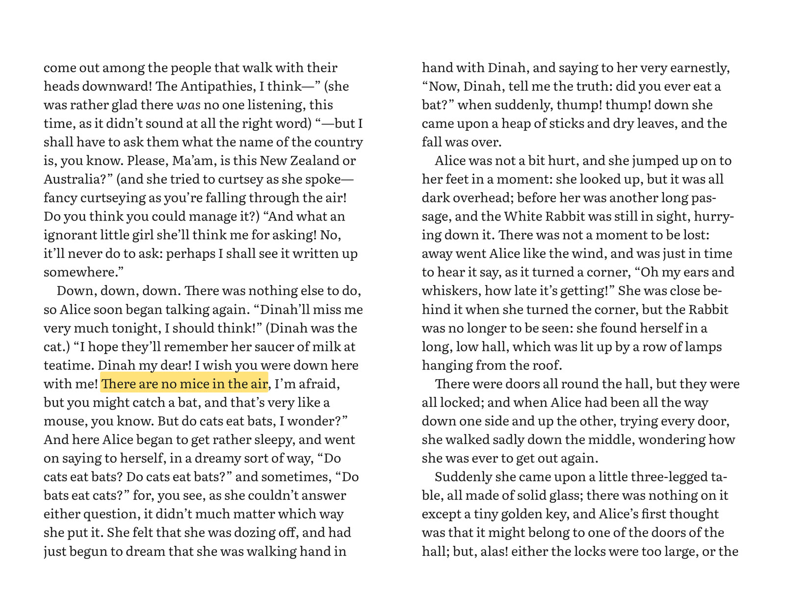 Two facing pages of a novel with one phrase highlighted in yellow on the left-hand page; the text on both pages stops short of the gutter.